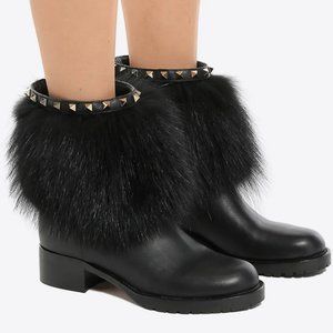 Valentino Fox Fur Leather Rockstud Stud Ankle Biker Flat Boot